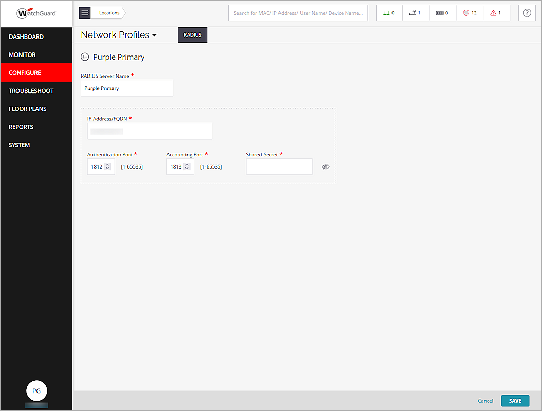 Screenshot of the primary RADIUS Server configuration page